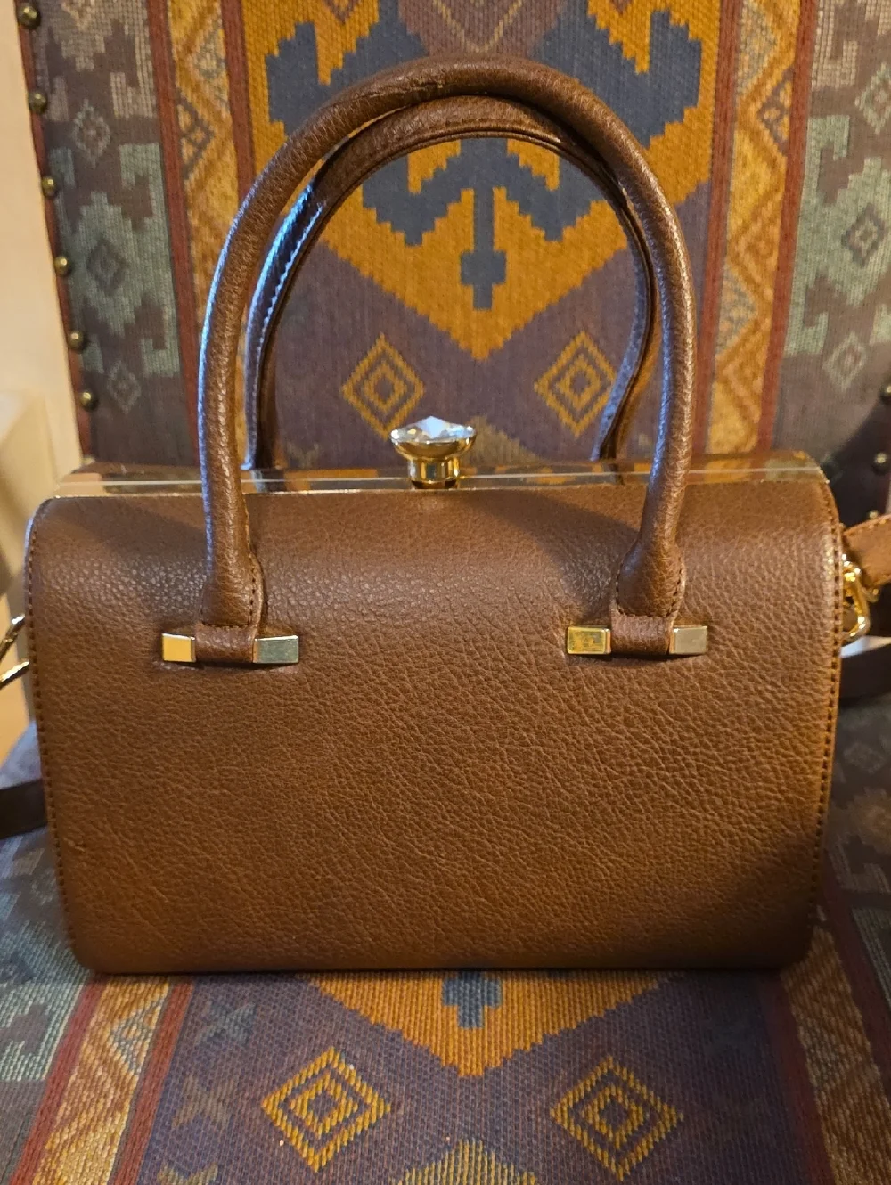 La Terre Fashion Vegan Leather Brown Satchel Handbag Rhinestone Clasp With Strap